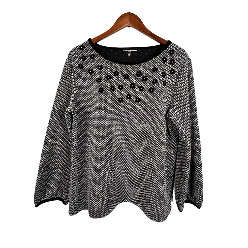 Karl Lagerfeld Paris Womens Black and White Embellished Top Size Medium